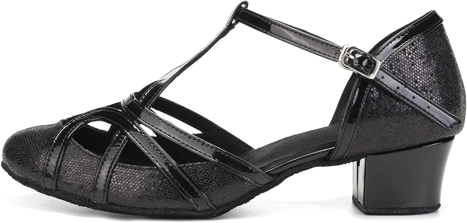 HIPPOSEUS Women's Latin Dance Shoes Champagne Closed Toe Sparkle Low Heel Ballroom Salsa Tango Dance Performance Shoes,Model 2040