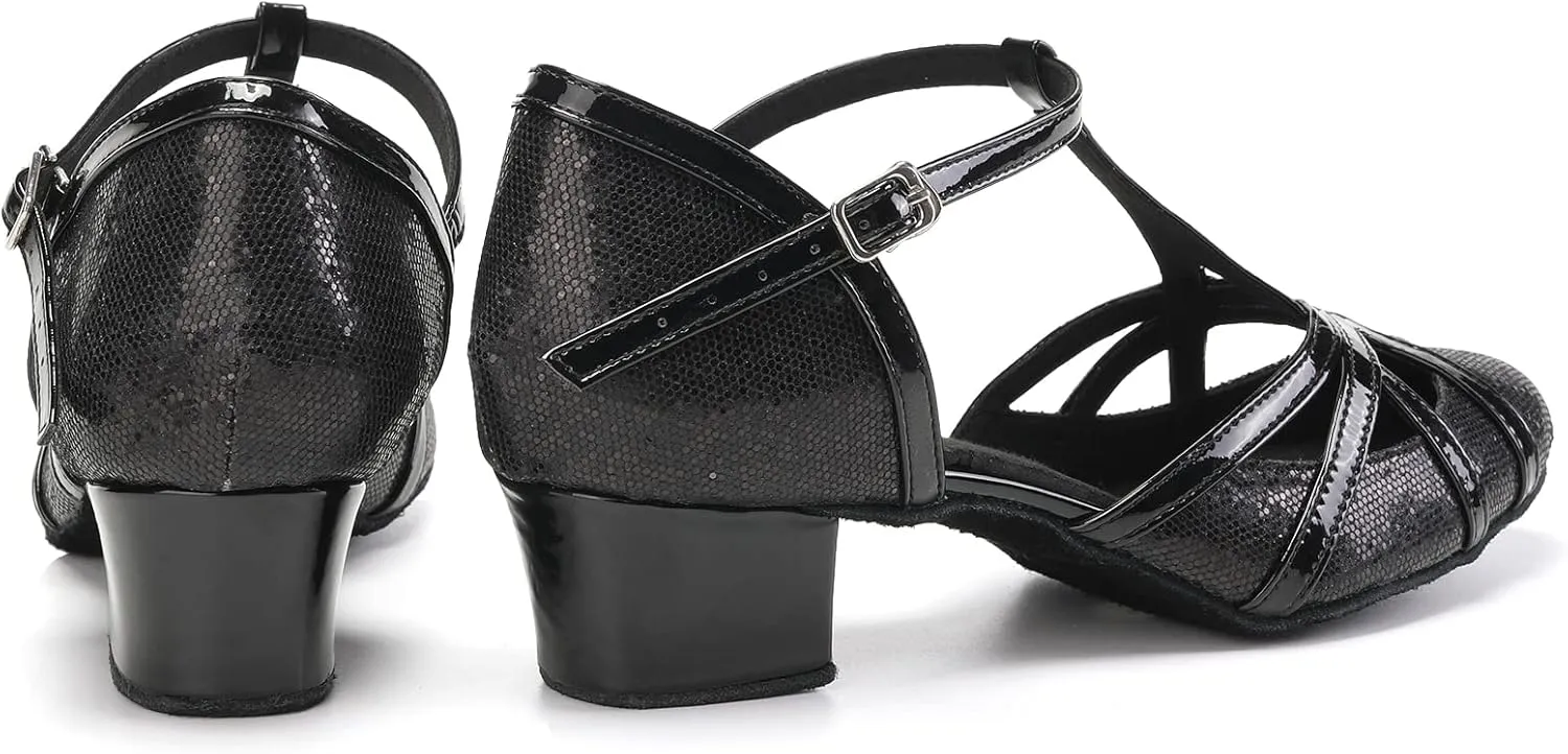 HIPPOSEUS Women's Latin Dance Shoes Champagne Closed Toe Sparkle Low Heel Ballroom Salsa Tango Dance Performance Shoes,Model 2040
