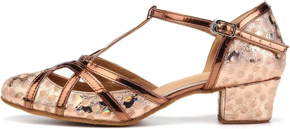 HIPPOSEUS Women's Latin Dance Shoes Champagne Closed Toe Sparkle Low Heel Ballroom Salsa Tango Dance Performance Shoes,Model 2040