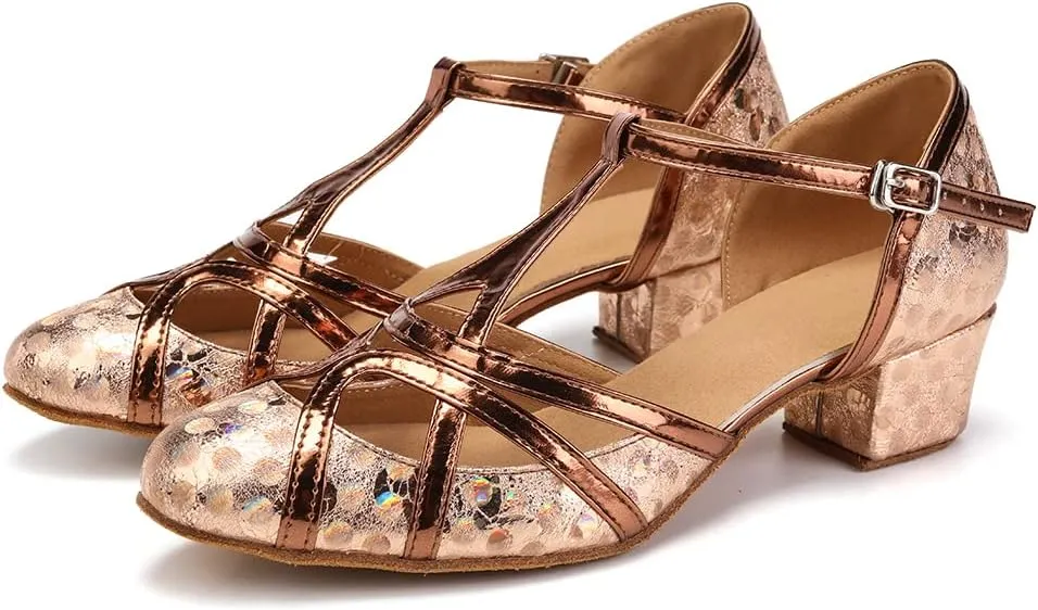 HIPPOSEUS Women's Latin Dance Shoes Champagne Closed Toe Sparkle Low Heel Ballroom Salsa Tango Dance Performance Shoes,Model 2040