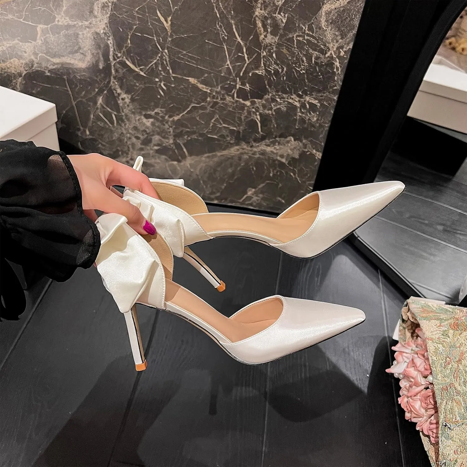 HIPPOSEUS Women's Satin Bride Shoe Stiletto Heel Pumps Pointed Toe Wedding Party Shoes Bows