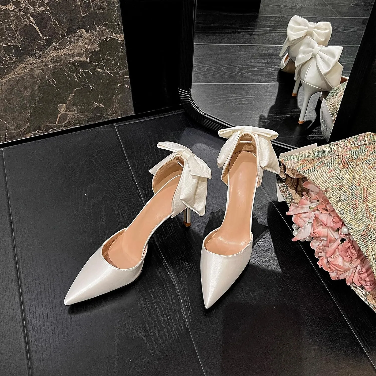 HIPPOSEUS Women's Satin Bride Shoe Stiletto Heel Pumps Pointed Toe Wedding Party Shoes Bows