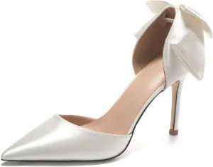 HIPPOSEUS Women's Satin Bride Shoe Stiletto Heel Pumps Pointed Toe Wedding Party Shoes Bows