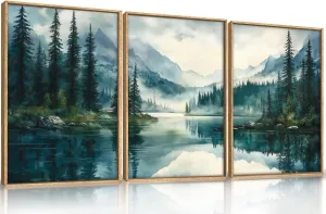 HLNIUC Green Foggy Forest Mountain Wall Art Framed,Large Boho Watercolor Pine Tree Wall Decor set of 3 (16"x24"), Nature Dark Lake Landscape Scenery Canvas Painting for Living Room, Bedroom, Office