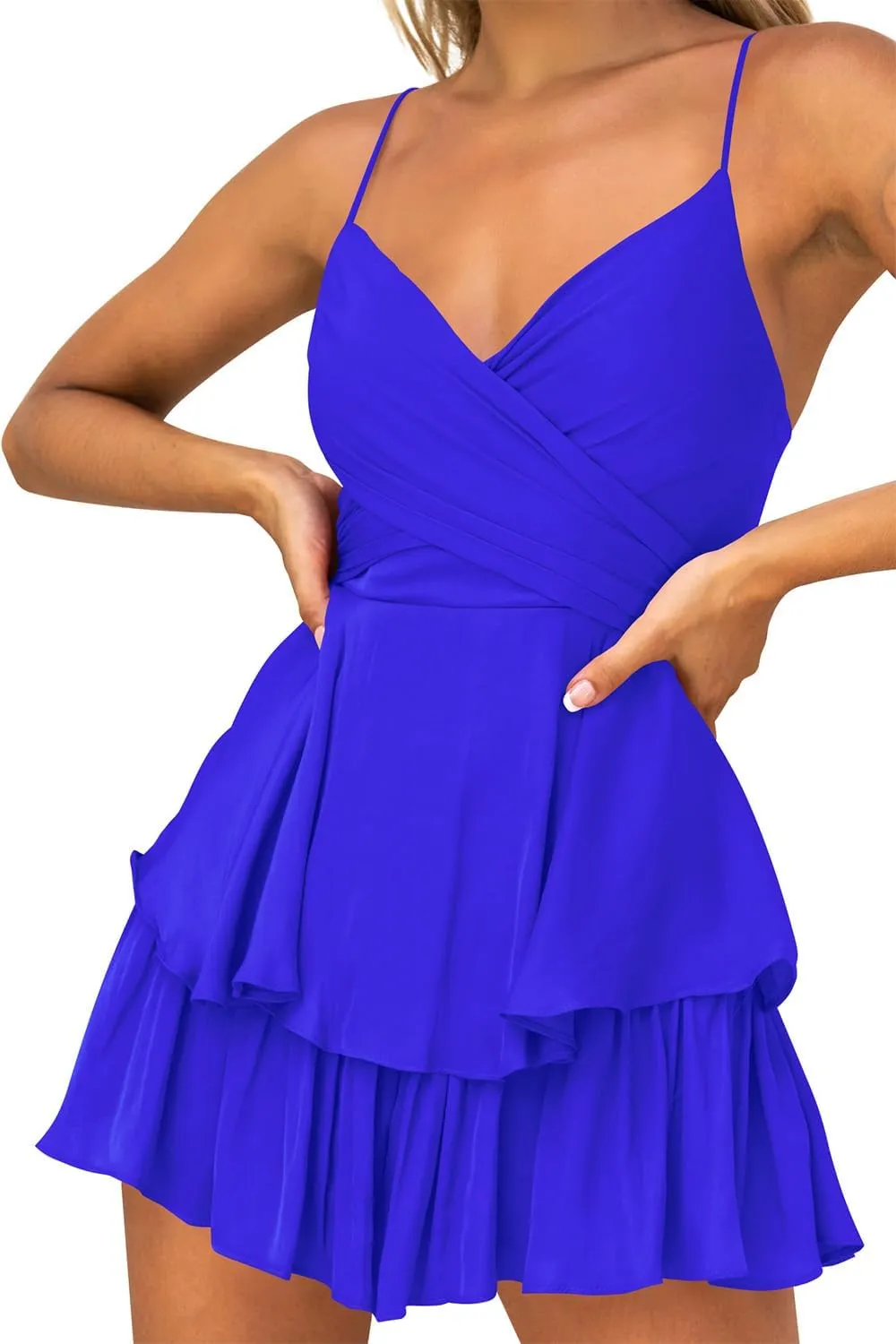Hocuos Women's Dress Sexy V-Neck Adjustable Spaghetti Strap Waist Tie Sleeveless Layer Ruffle Hem A Line Mini Dress