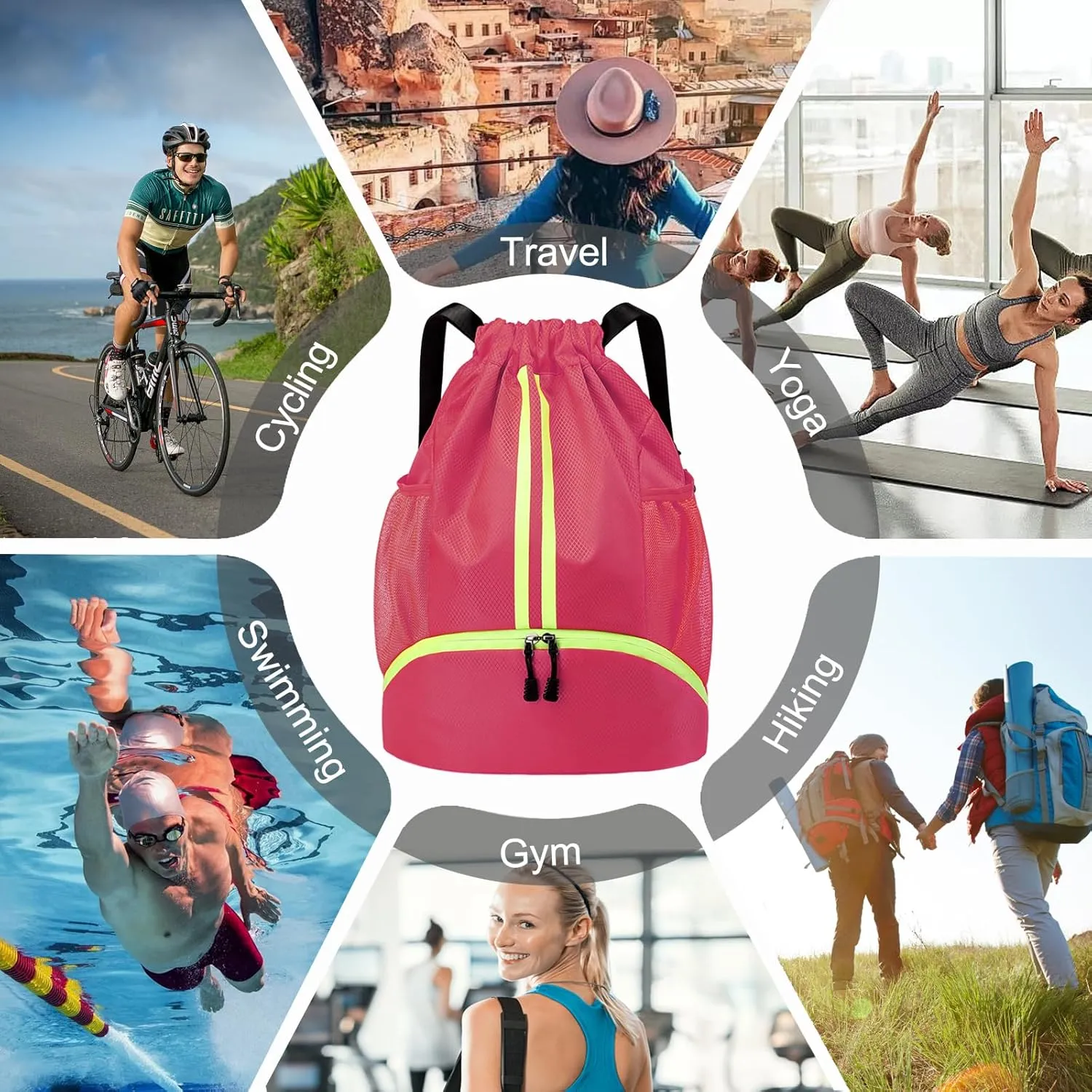 Hoedia Sports Drawstring Backpack - String Swim Gym Bag with Shoes Compartment and Wet Proof Pocket for Women/Men (Pink)