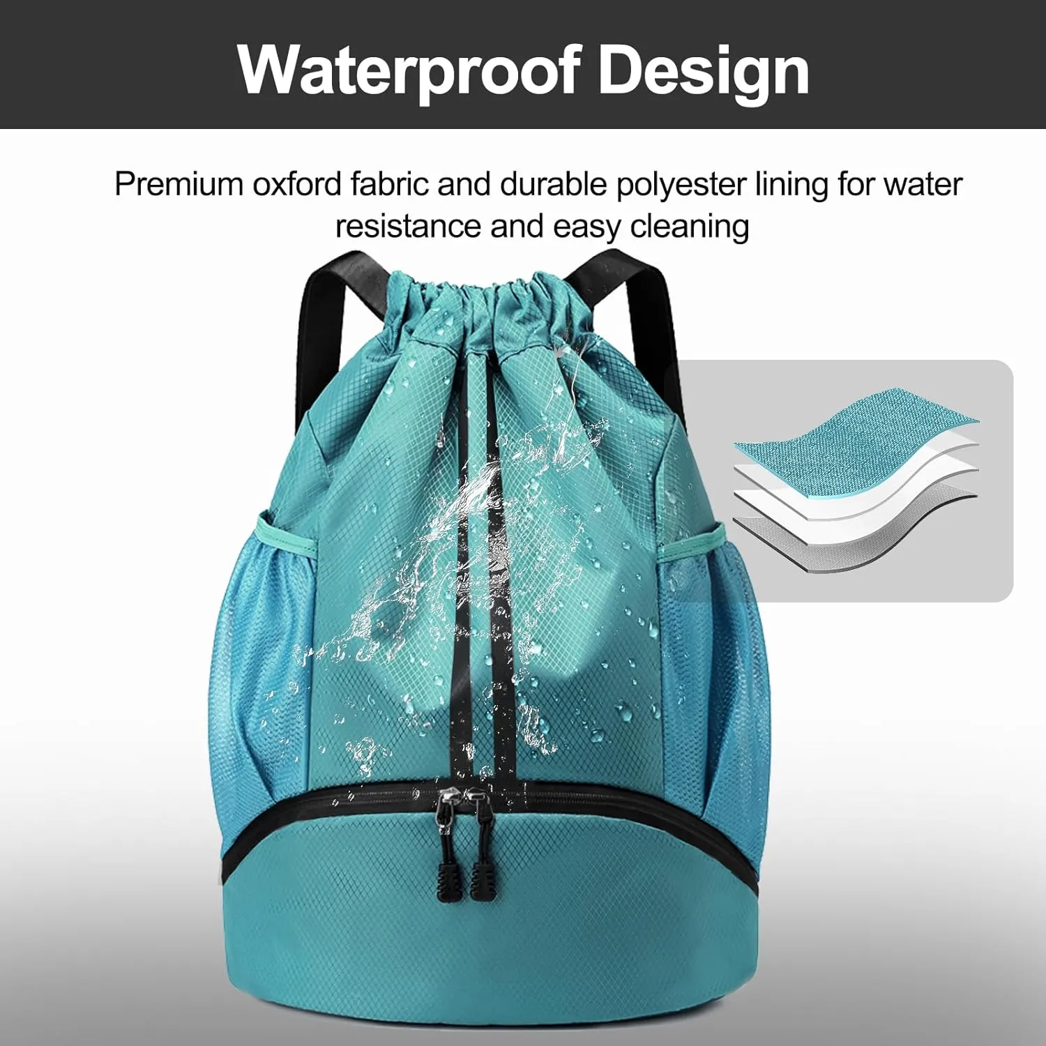 Hoedia Sports Drawstring Backpack - String Swim Gym Bag with Shoes Compartment and Wet Proof Pocket for Women/Men (Teal)