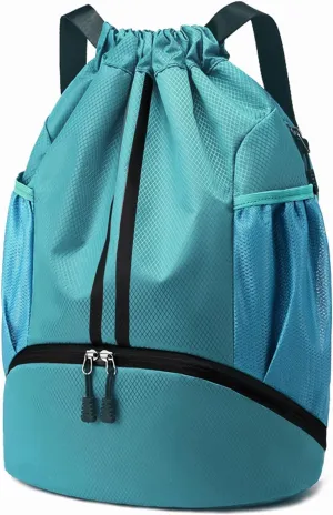 Hoedia Sports Drawstring Backpack - String Swim Gym Bag with Shoes Compartment and Wet Proof Pocket for Women/Men (Teal)