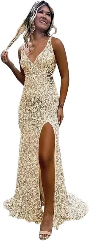 Hollow-Out Beaded Mermaid Prom Dresses for Women 2025 Sparkly Sequin Open Back Formal Evening Party Gown