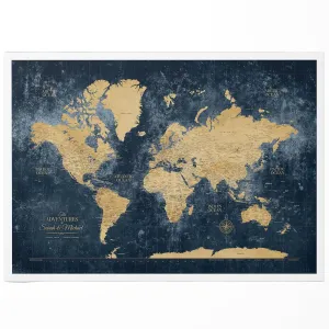 Holy Cow Canvas Personalized Gold & Navy Textured Push Pin World Map on Canvas, Push Pins Included to Track Travels, World Map Pin Board, Best gift for People Who Travel (48" x 30", Rolled)
