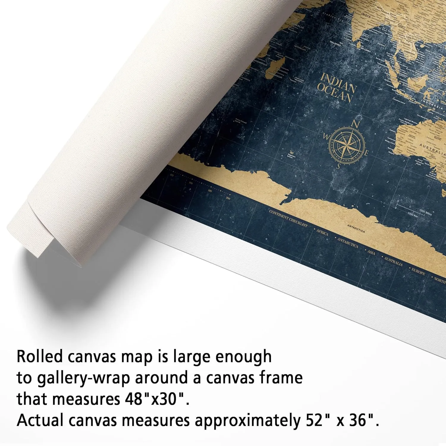 Holy Cow Canvas Personalized Gold & Navy Textured Push Pin World Map on Canvas, Push Pins Included to Track Travels, World Map Pin Board, Best gift for People Who Travel (48" x 30", Rolled)