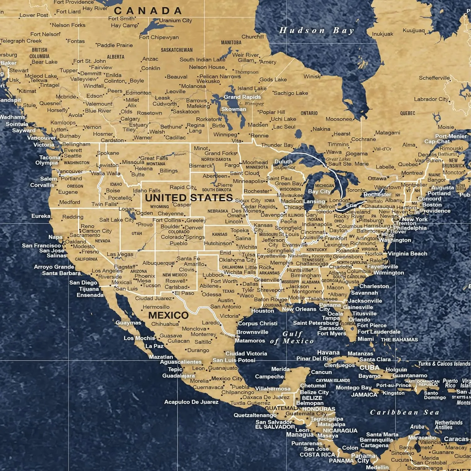 Holy Cow Canvas Personalized Gold & Navy Textured Push Pin World Map on Canvas, Push Pins Included to Track Travels, World Map Pin Board, Best gift for People Who Travel (48" x 30", Rolled)