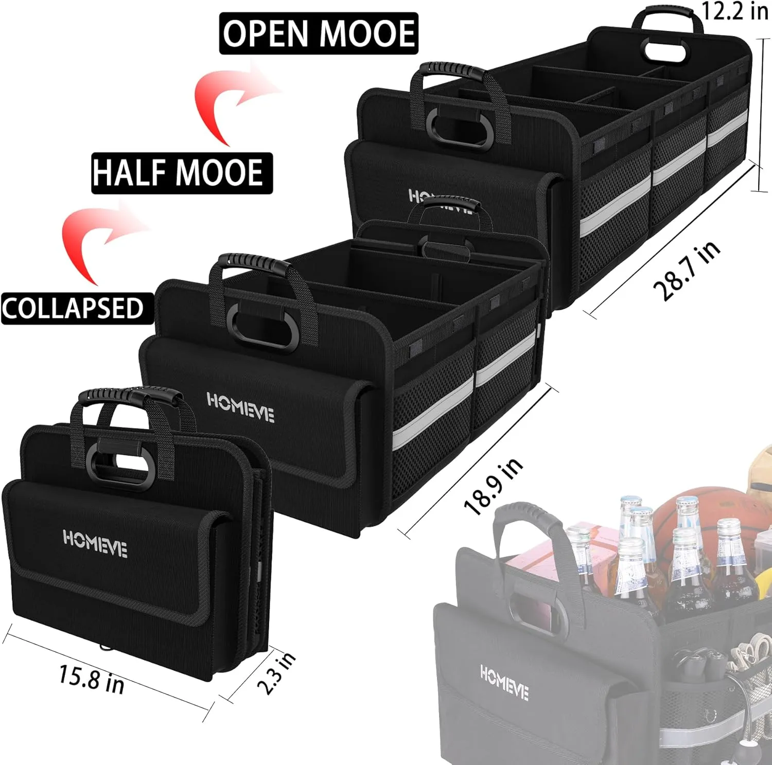 Homeve Trunk Organizer for Car, Collapsible Storage Box, Car Storage Organizer, 6 Compartment, Multi Pockets, Non Slip Strips, 2 Adjustable Securing Straps, Black