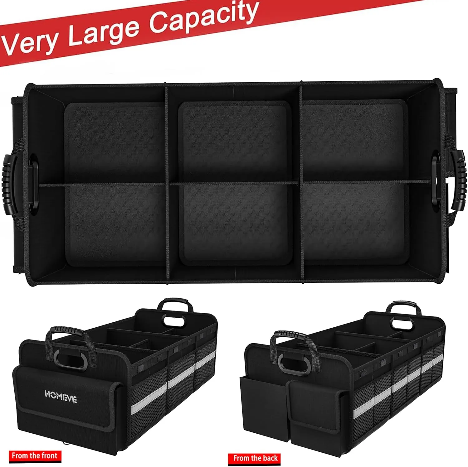 Homeve Trunk Organizer for Car, Collapsible Storage Box, Car Storage Organizer, 6 Compartment, Multi Pockets, Non Slip Strips, 2 Adjustable Securing Straps, Black