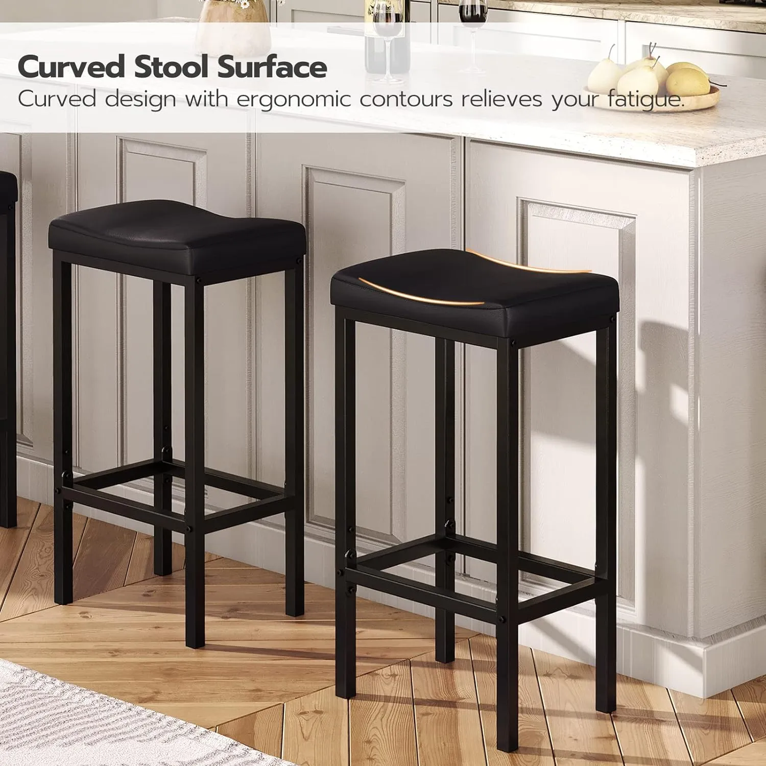 HOOBRO Bar Stools, Set of 2 Bar Chairs, Counter Height Stools, Saddle Barstools with Curved Surface, 24.8 Inches, 2.4" Thick Upholstery, for Kitchen, Dining Room, Cafe Black BB10BY01
