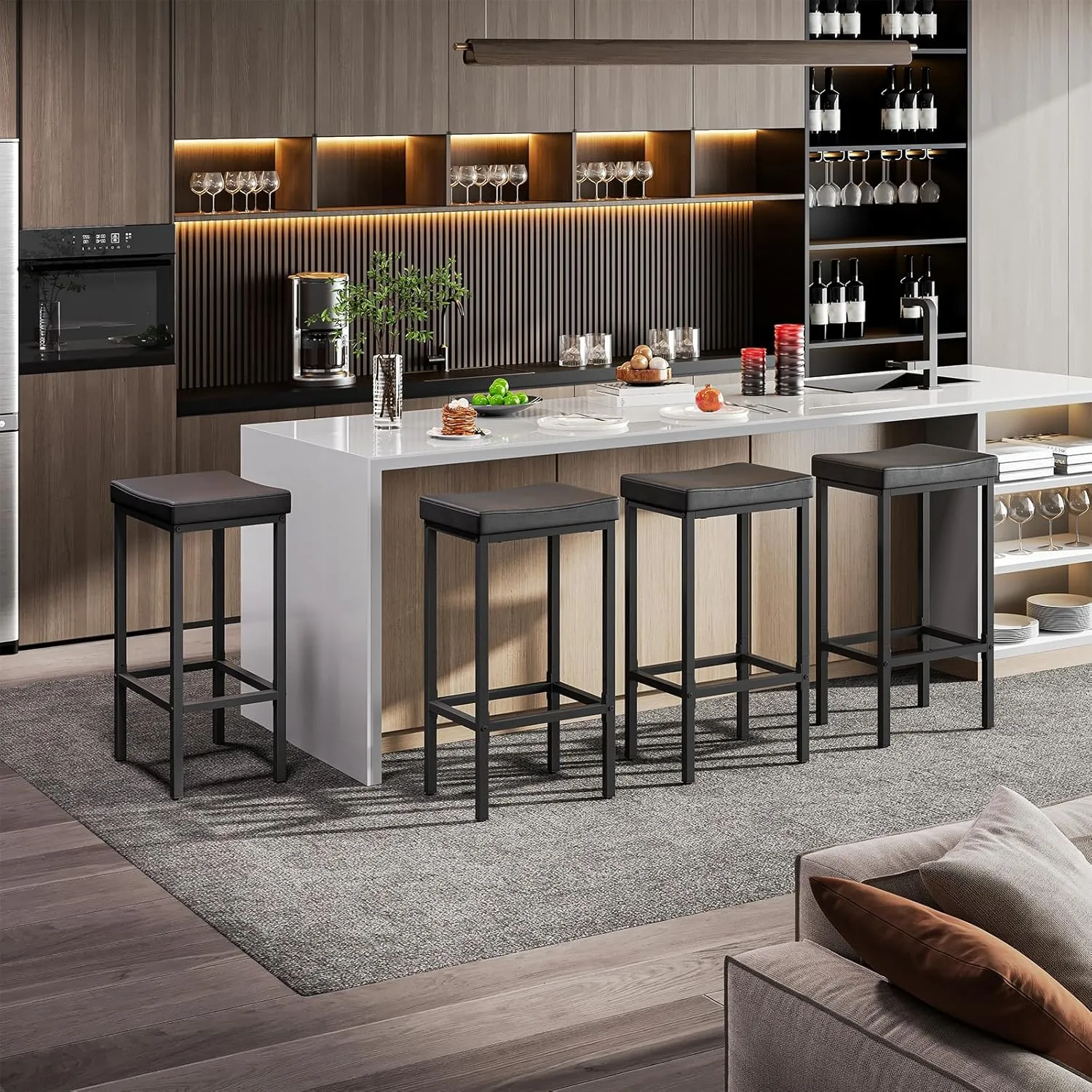 HOOBRO Bar Stools, Set of 2 Bar Chairs, Counter Height Stools, Saddle Barstools with Curved Surface, 24.8 Inches, 2.4" Thick Upholstery, for Kitchen, Dining Room, Cafe Black BB10BY01