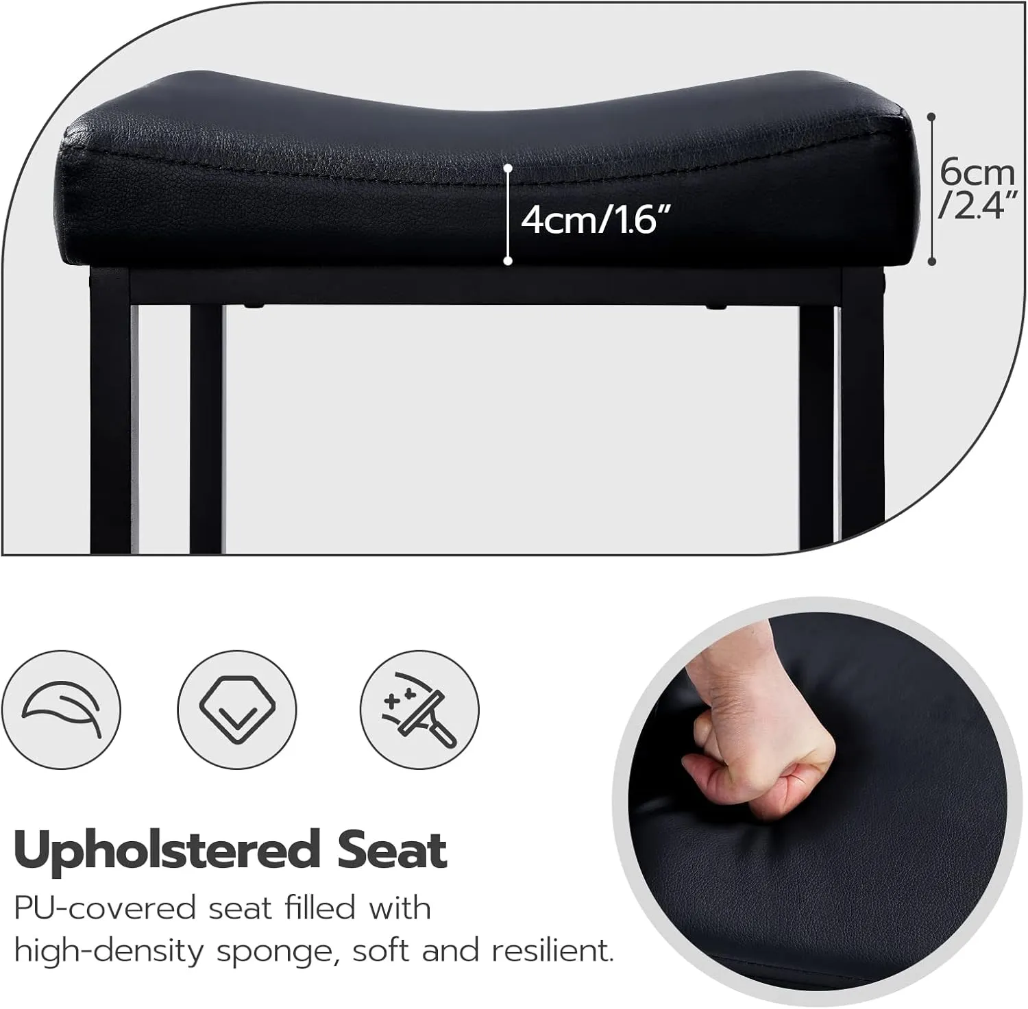 HOOBRO Bar Stools, Set of 2 Bar Chairs, Counter Height Stools, Saddle Barstools with Curved Surface, 24.8 Inches, 2.4" Thick Upholstery, for Kitchen, Dining Room, Cafe Black BB10BY01