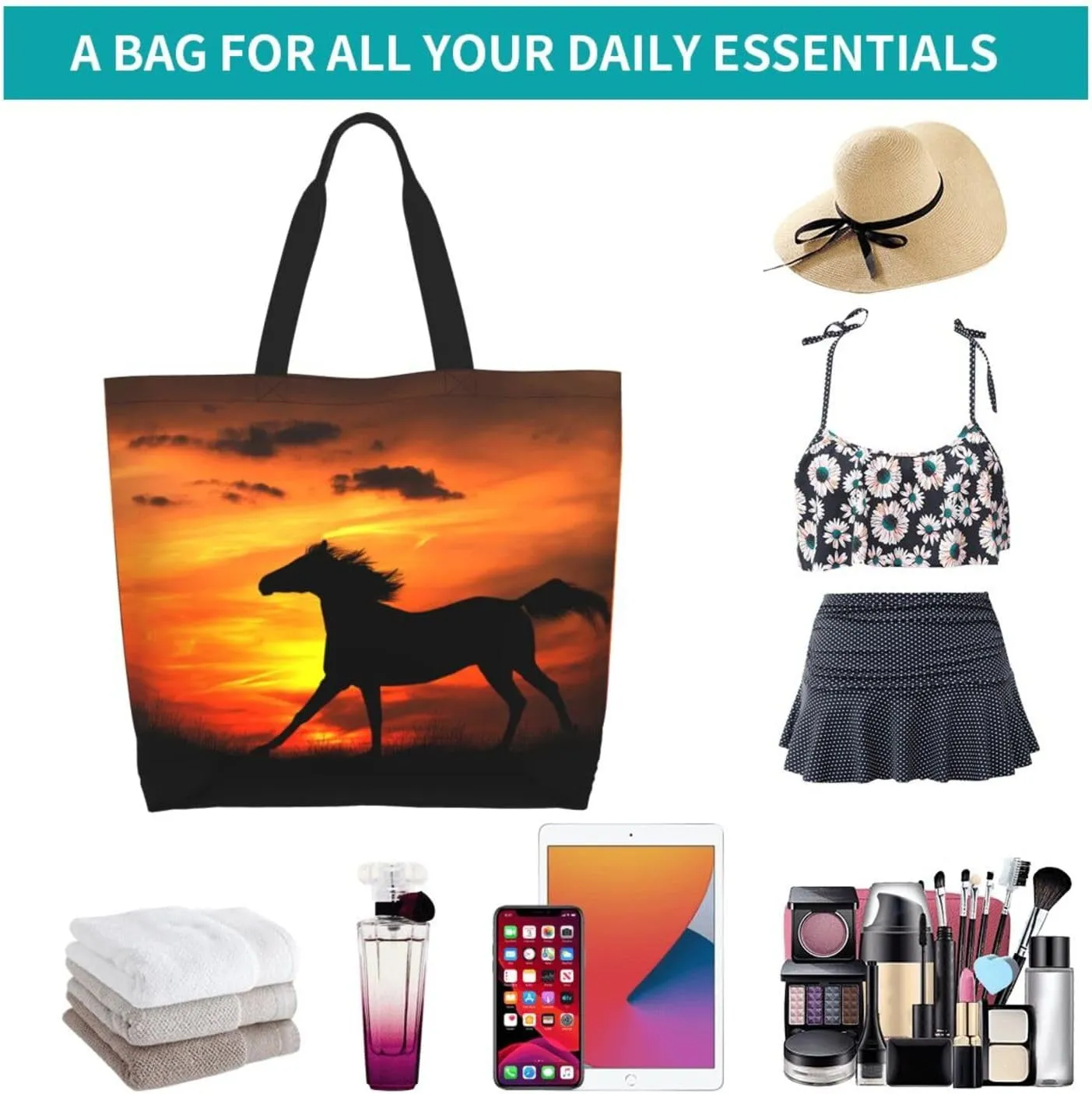 Horse Race Cool Tote Bag Beach Bag Large Capacity Grocery Bag Reusable Shopping bags for Women
