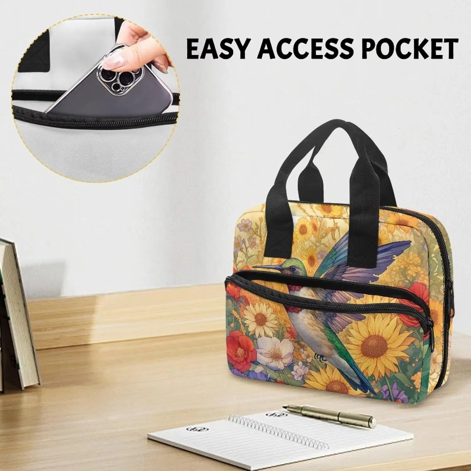 Hummingbird Sunflower Womens Large Bible Case Stylish Bible Cover for Women Ladies Classic Bible Cover Case with Top Handle Lightweight Church Worship Bags