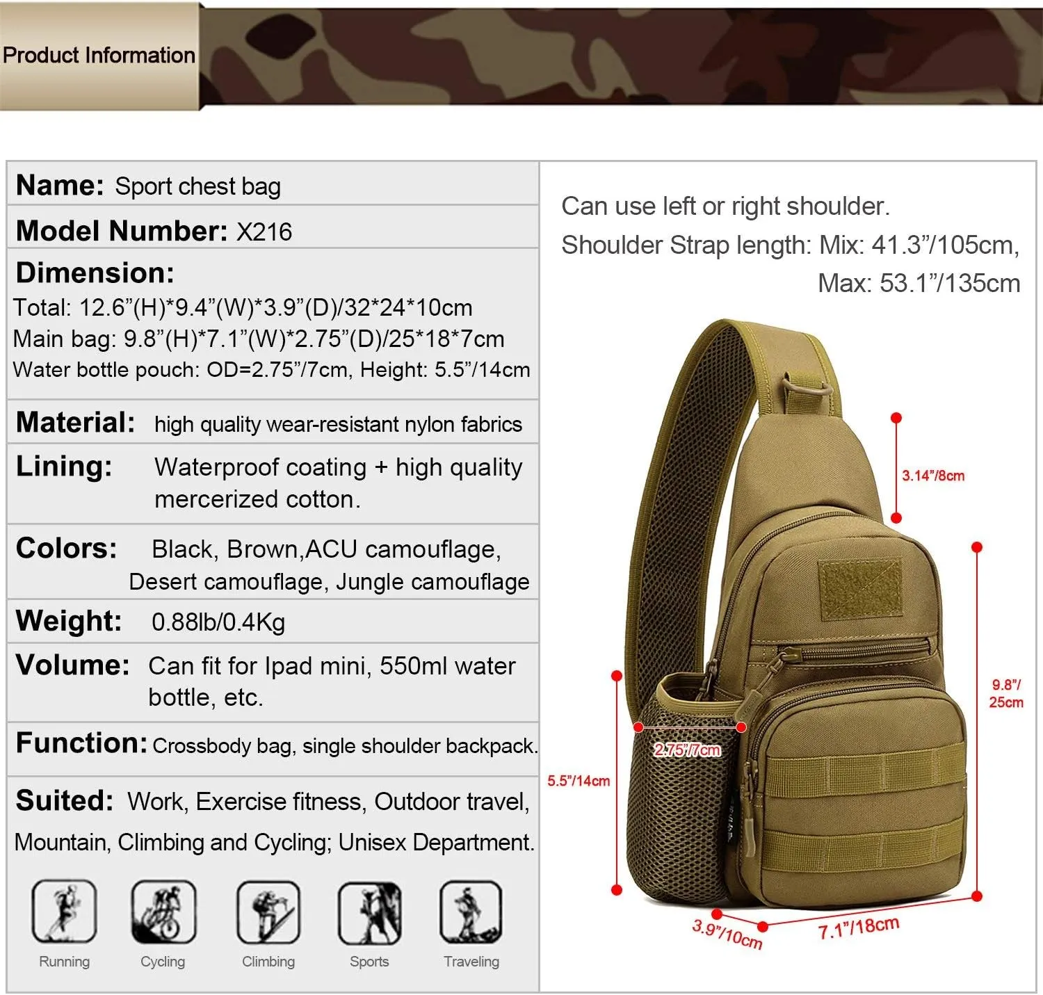 HUNTVP Small Tactical Sling Chest Pack Bag Molle Daypack Backpack Military Crossbody (Type1-Camo)