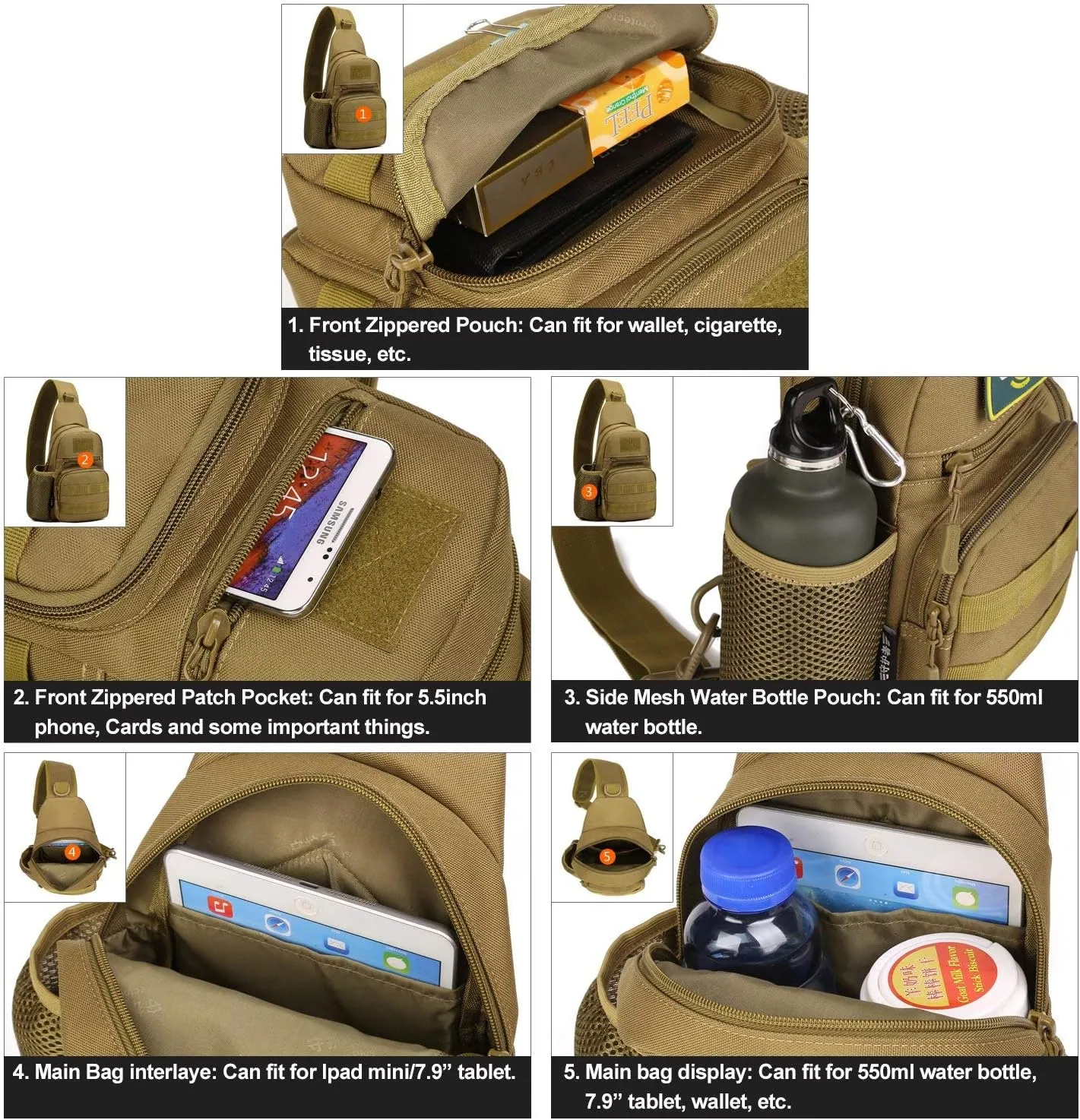 HUNTVP Small Tactical Sling Chest Pack Bag Molle Daypack Backpack Military Crossbody (Type1-Camo)