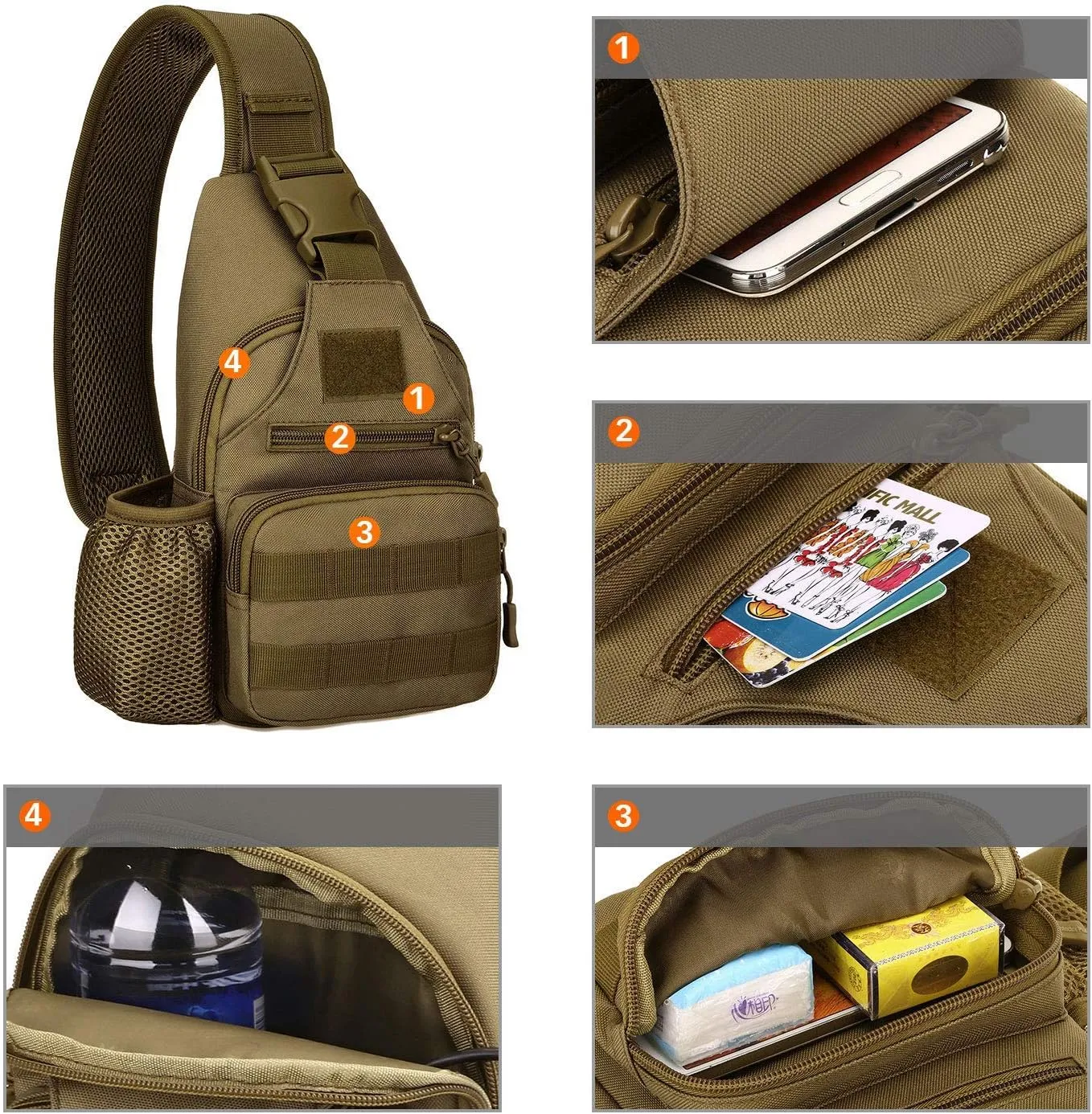 HUNTVP Small Tactical Sling Chest Pack Bag Molle Daypack Backpack Military Crossbody(Type2-Coyote Brown)