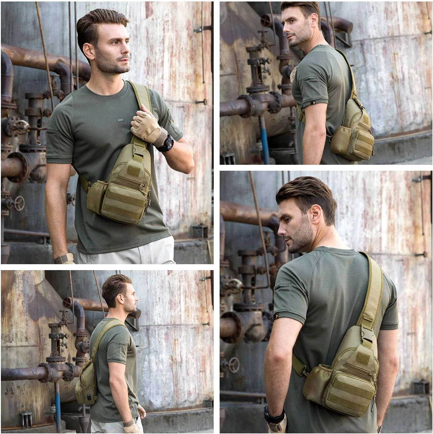 HUNTVP Small Tactical Sling Chest Pack Bag Molle Daypack Backpack Military Crossbody(Type2-Coyote Brown)