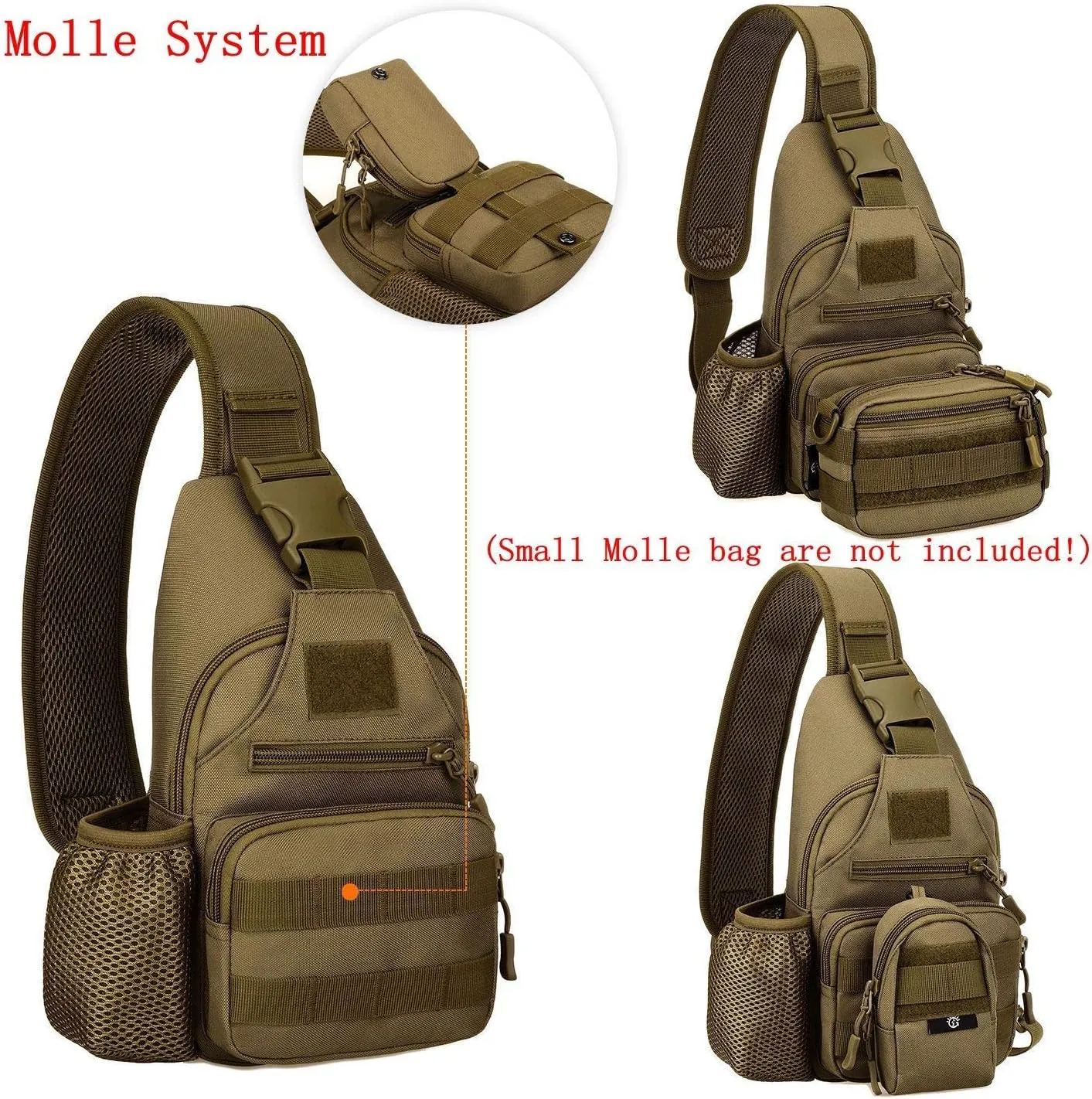 HUNTVP Small Tactical Sling Chest Pack Bag Molle Daypack Backpack Military Crossbody(Type2-Coyote Brown)