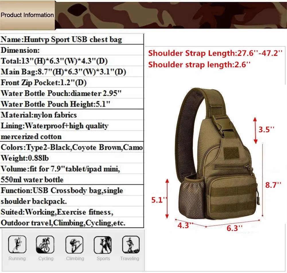 HUNTVP Small Tactical Sling Chest Pack Bag Molle Daypack Backpack Military Crossbody(Type2-Coyote Brown)