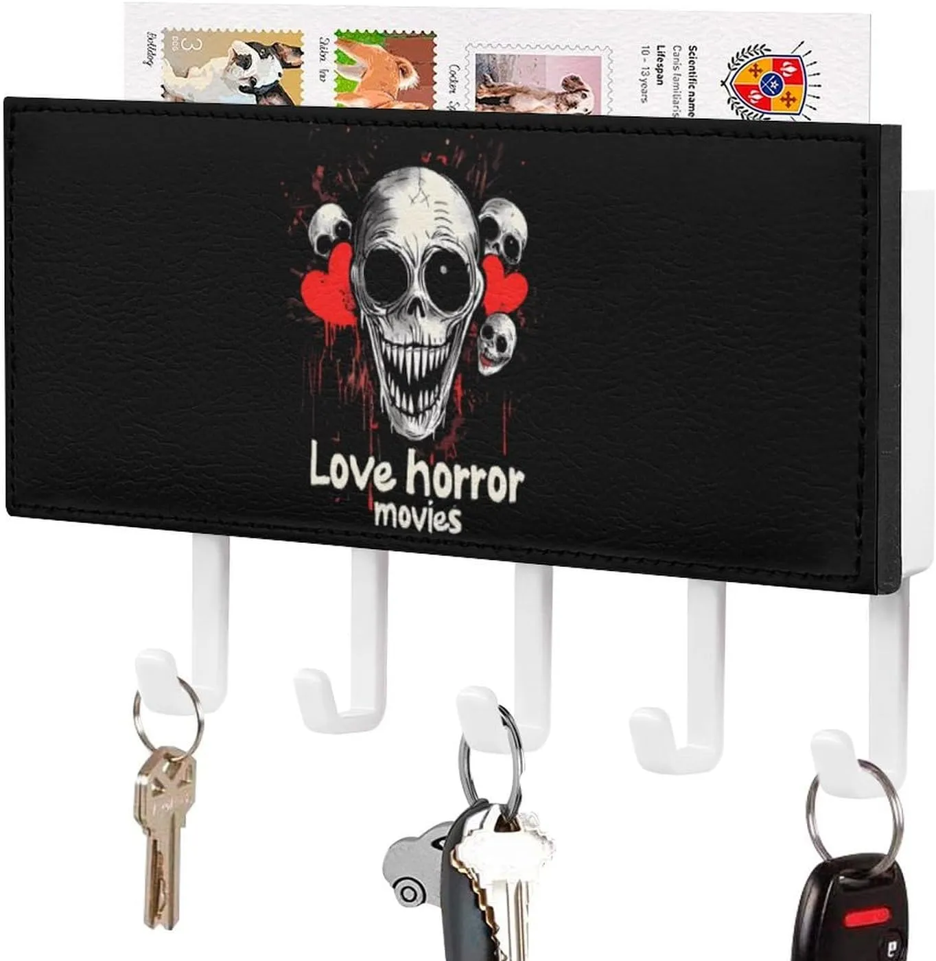 I Love Horror Movies Novelty Key Holder Funny Keys Hook Mail Organizer Hanging Rack Decor with 5 Hooks for Wall