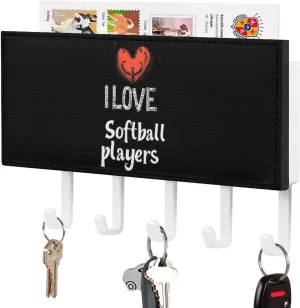 I Love Softball Player Novelty Key Holder Printed Keys Hook Mail Organizer Hanging Rack Decor with 5 Hooks for Wall