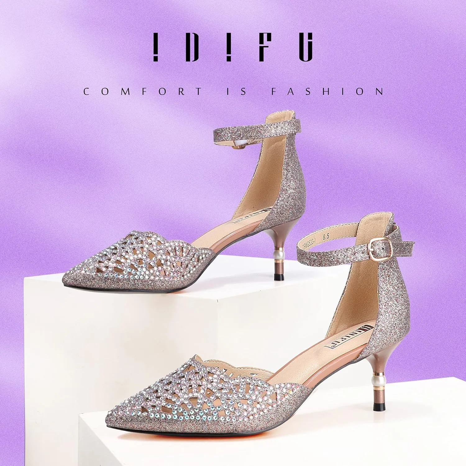 IDIFU Women's IN2 Candice Wedding Rhinestones Sequins Low Kitten Heels Pumps Dress Evening Shoes for Women Bridal Bride