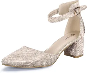IDIFU Women's IN2 Pedazo Dress Shoes Low Block Heels Comfortable Chunky Closed Toe Ankle Strap Wedding Pumps
