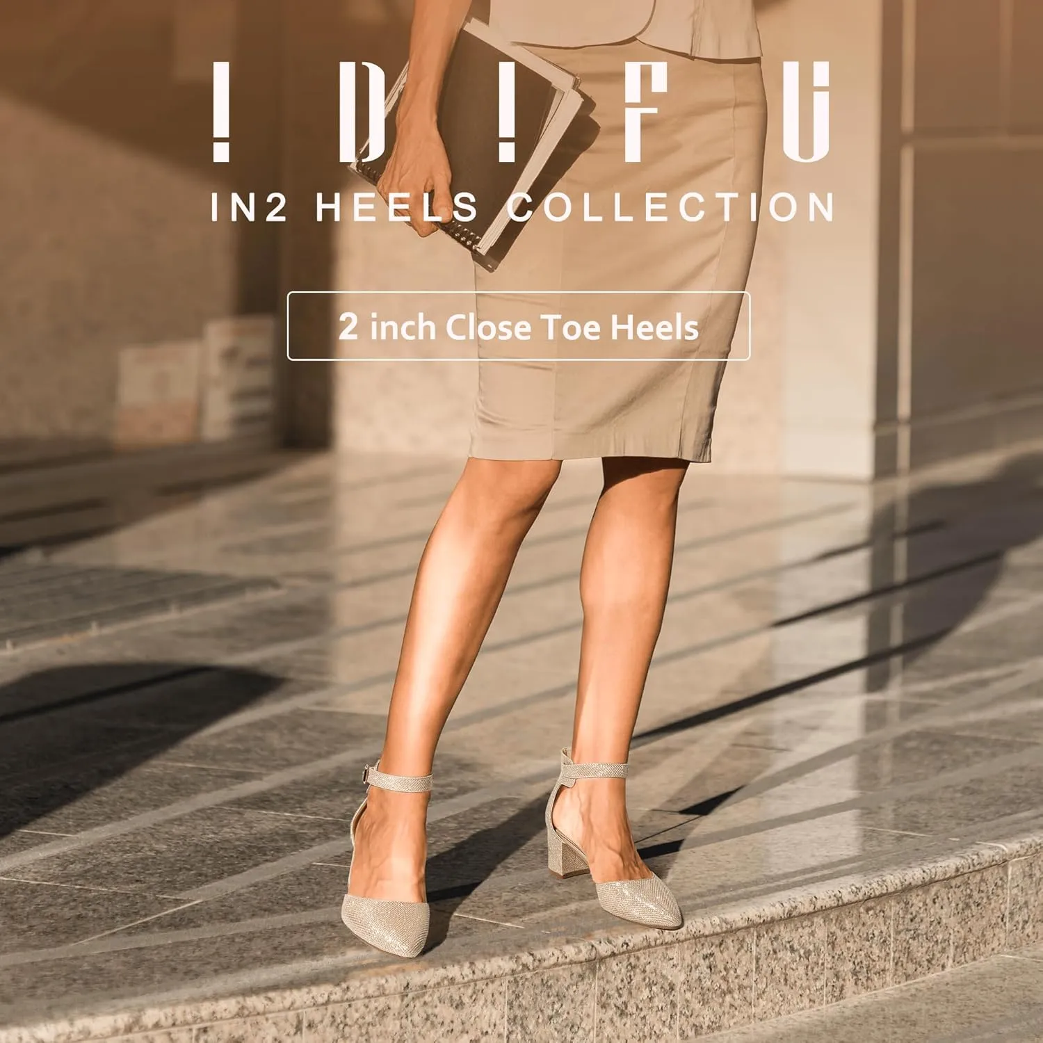 IDIFU Women's IN2 Pedazo Dress Shoes Low Block Heels Comfortable Chunky Closed Toe Ankle Strap Wedding Pumps
