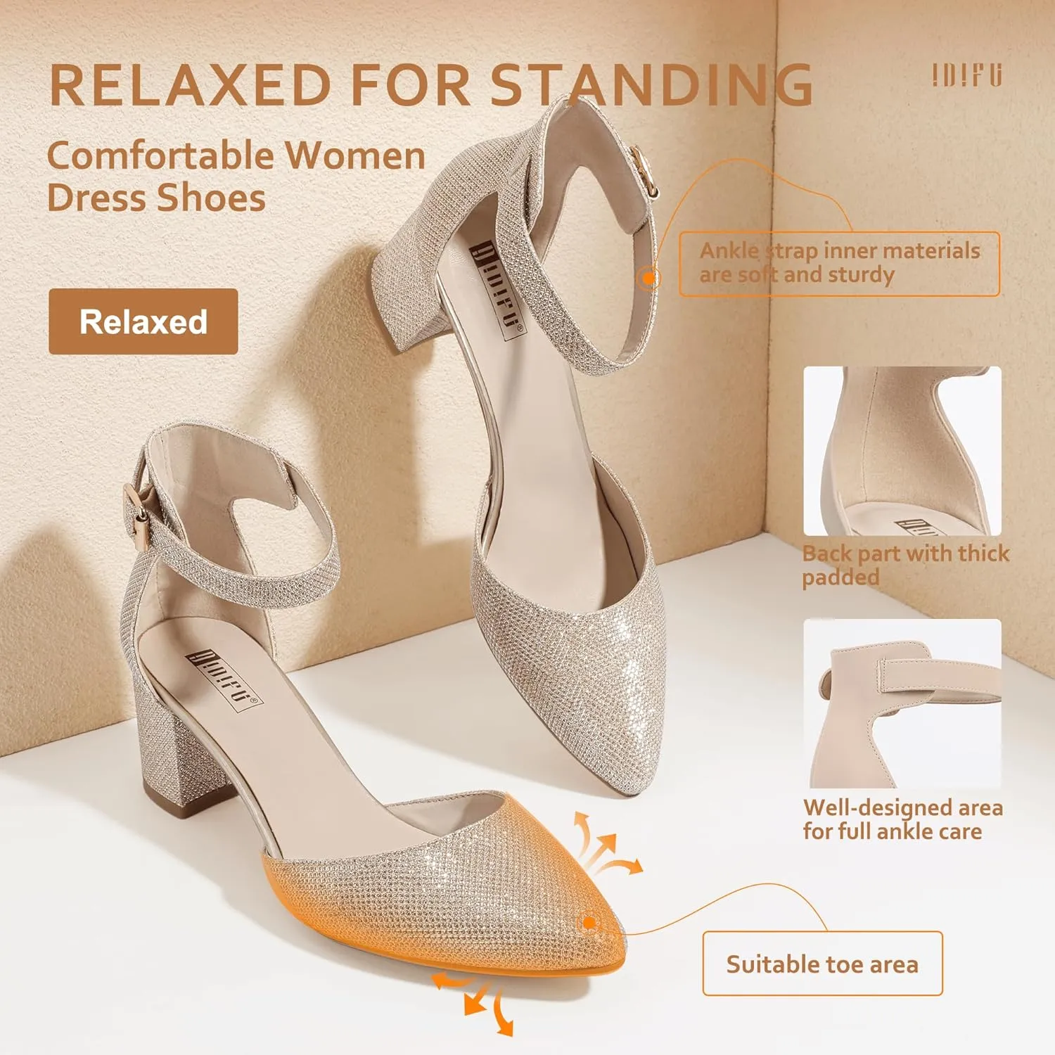 IDIFU Women's IN2 Pedazo Dress Shoes Low Block Heels Comfortable Chunky Closed Toe Ankle Strap Wedding Pumps