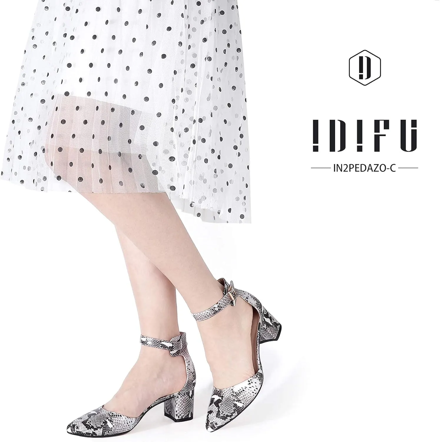 IDIFU Women's IN2 Pedazo Dress Shoes Low Block Heels Comfortable Chunky Closed Toe Ankle Strap Wedding Pumps