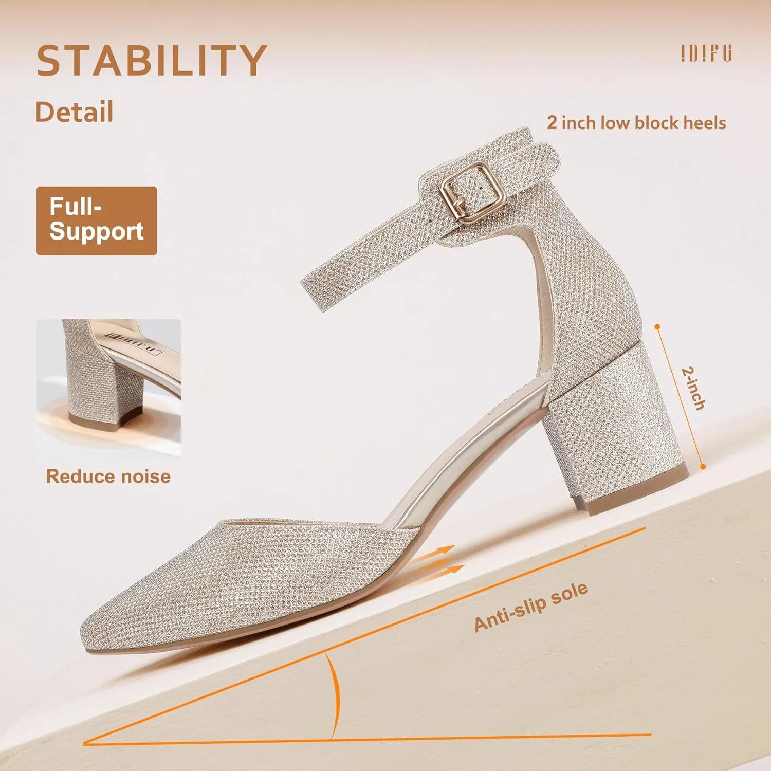 IDIFU Women's IN2 Pedazo Dress Shoes Low Block Heels Comfortable Chunky Closed Toe Ankle Strap Wedding Pumps