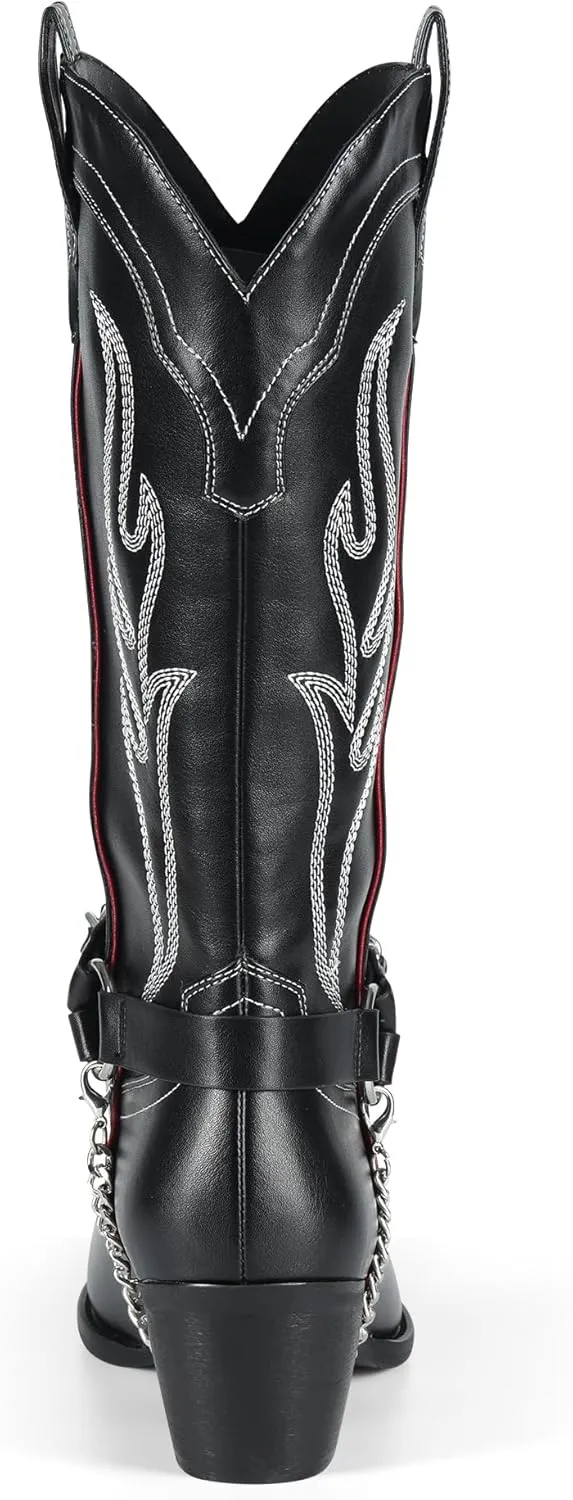 iiimmu Cowboy Boots for Women with Chain, Pointy Toe Chunky Heel Women's Riding Boots with Embroidered, Pull on Style Western Boots, Faux Leather