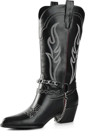 iiimmu Cowboy Boots for Women with Chain, Pointy Toe Chunky Heel Women's Riding Boots with Embroidered, Pull on Style Western Boots, Faux Leather
