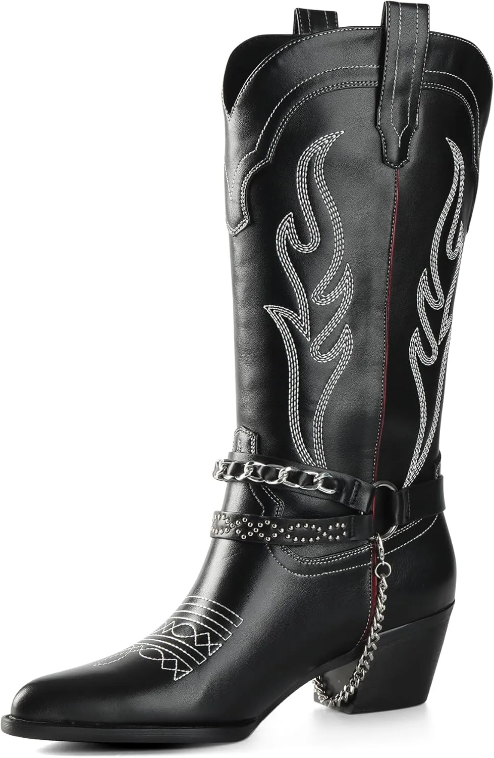 iiimmu Cowboy Boots for Women with Chain, Pointy Toe Chunky Heel Women's Riding Boots with Embroidered, Pull on Style Western Boots, Faux Leather