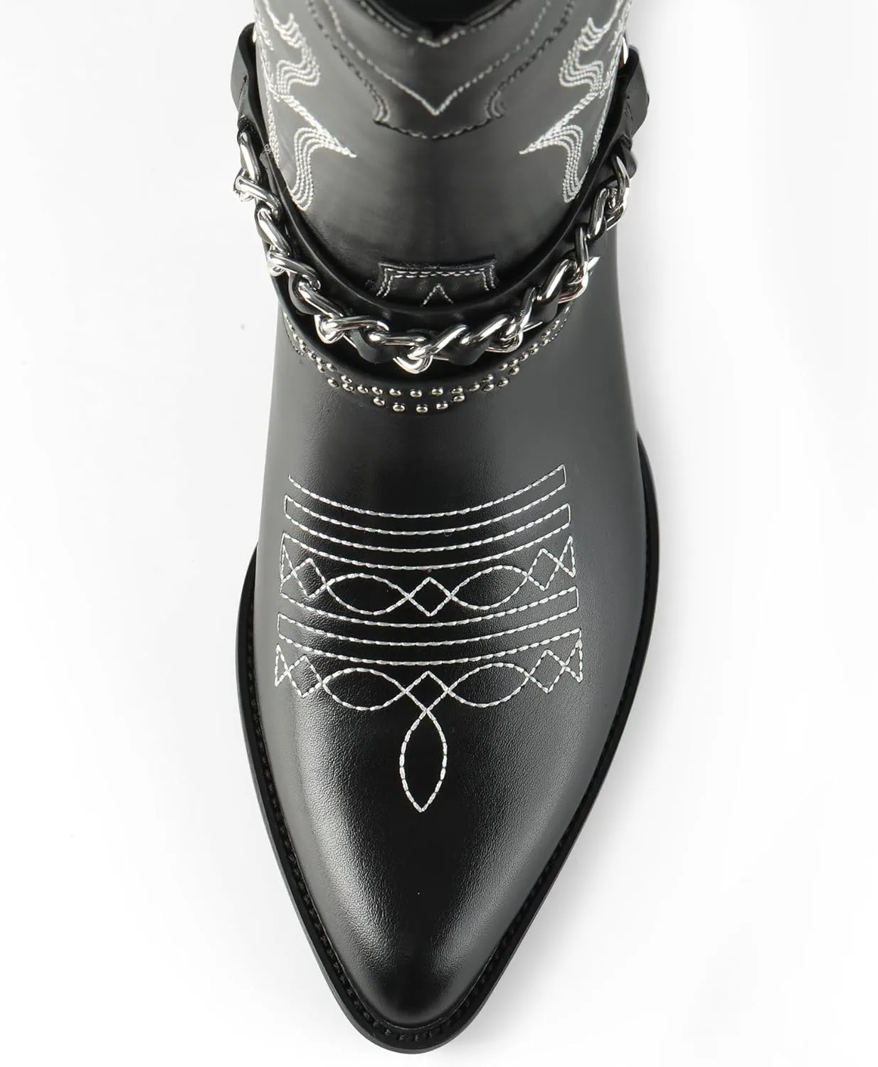 iiimmu Cowboy Boots for Women with Chain, Pointy Toe Chunky Heel Women's Riding Boots with Embroidered, Pull on Style Western Boots, Faux Leather