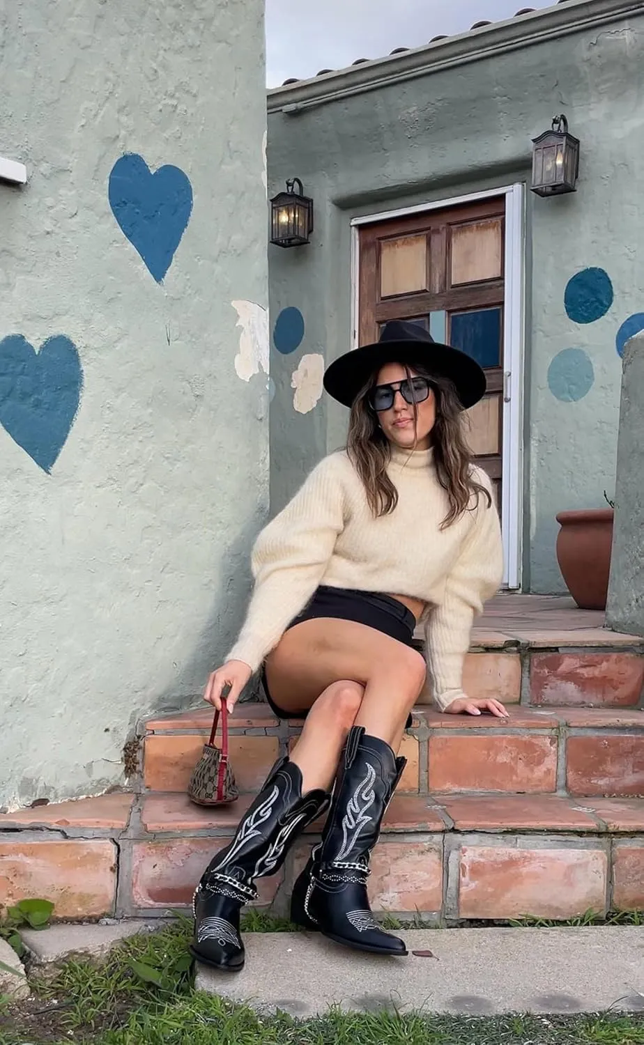 iiimmu Cowboy Boots for Women with Chain, Pointy Toe Chunky Heel Women's Riding Boots with Embroidered, Pull on Style Western Boots, Faux Leather