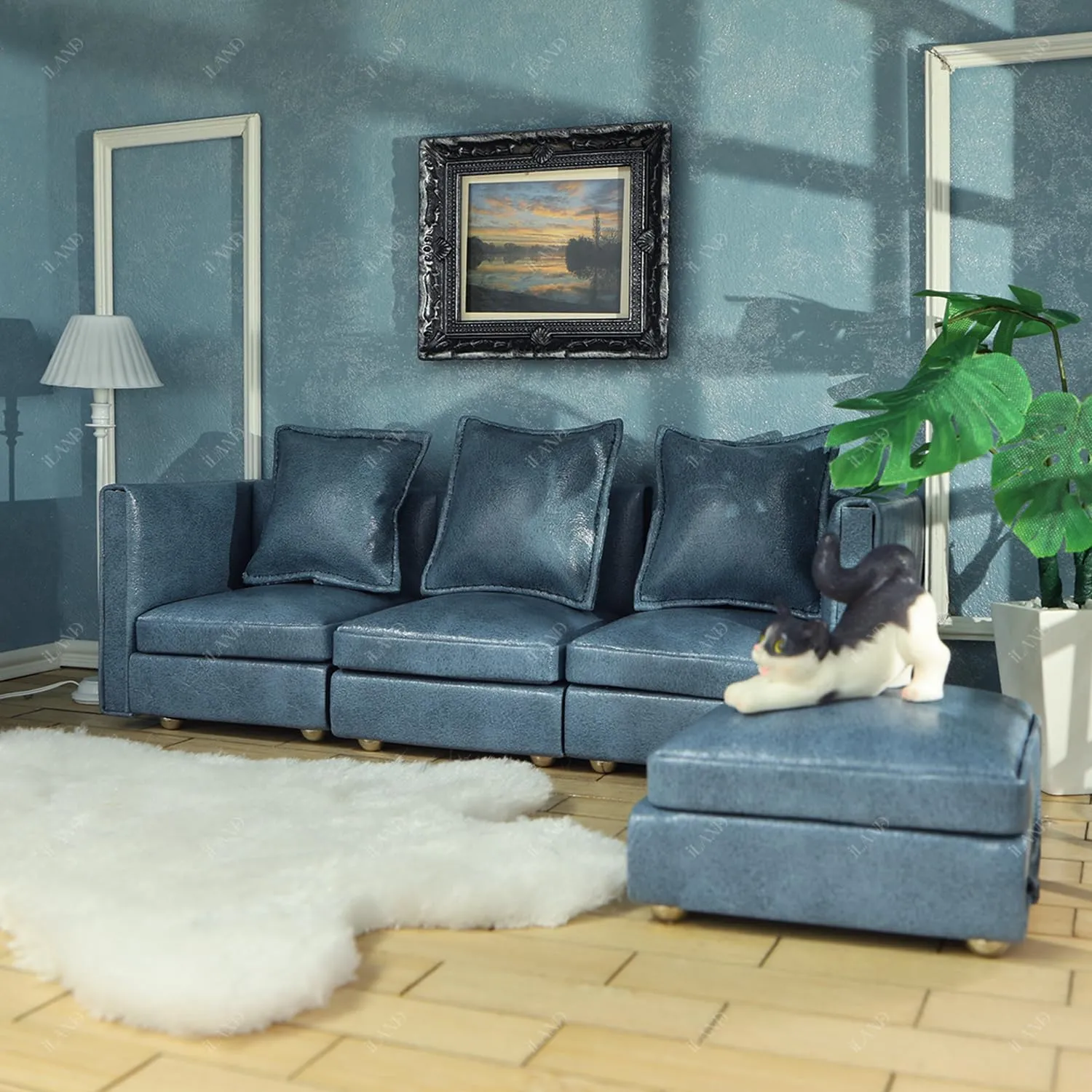 iLAND Dollhouse Furniture Miniature Sectional Couch Set for Doll House Décor Fit 1/12 Scale Accessories, Modern Blue Faux Leather Sofa Timeless & Classic