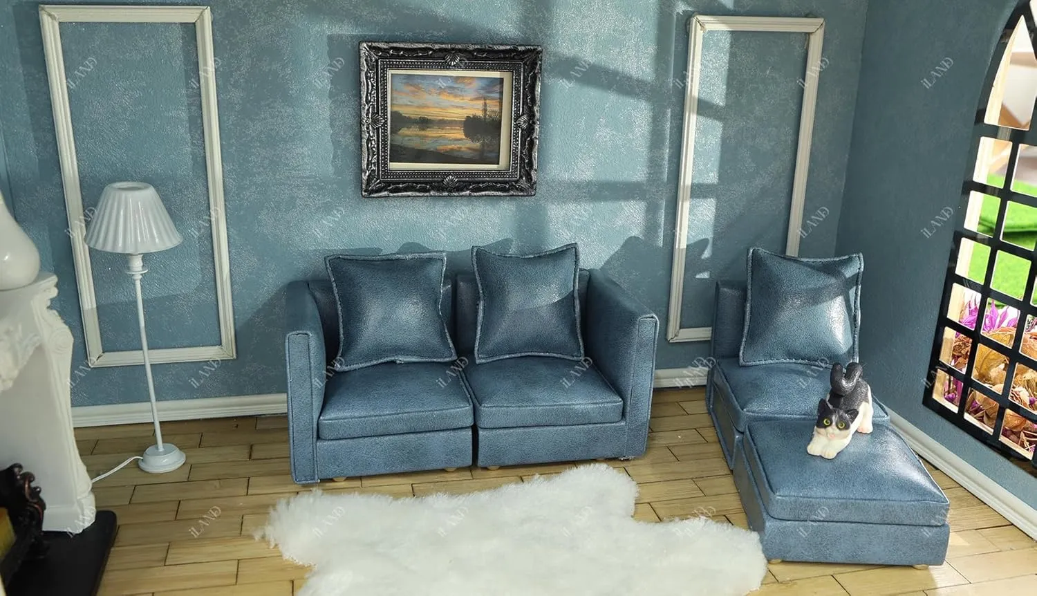 iLAND Dollhouse Furniture Miniature Sectional Couch Set for Doll House Décor Fit 1/12 Scale Accessories, Modern Blue Faux Leather Sofa Timeless & Classic