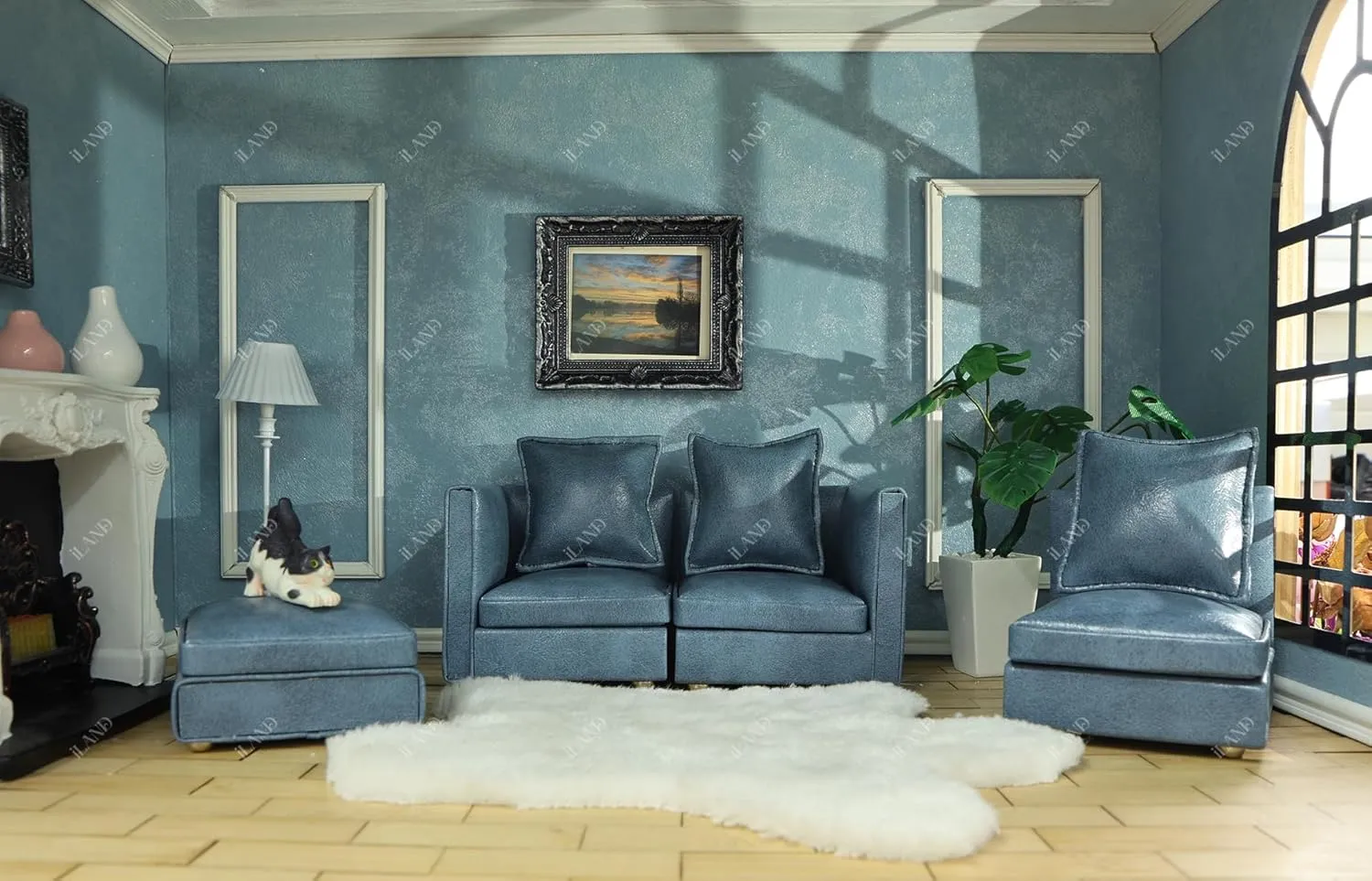 iLAND Dollhouse Furniture Miniature Sectional Couch Set for Doll House Décor Fit 1/12 Scale Accessories, Modern Blue Faux Leather Sofa Timeless & Classic