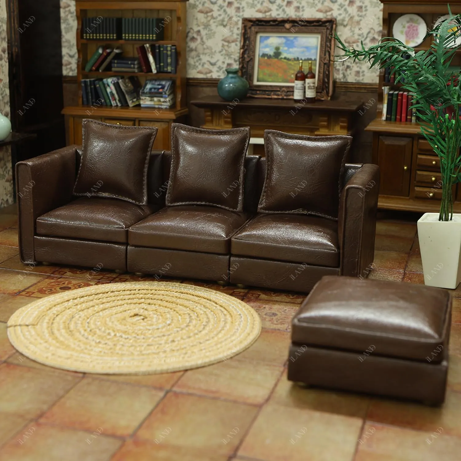 iLAND Dollhouse Furniture Miniature Sectional Couch Set for Doll House Décor Fit 1/12 Scale Accessories, Modern Brown Faux Leather Sofa Timeless & Classic