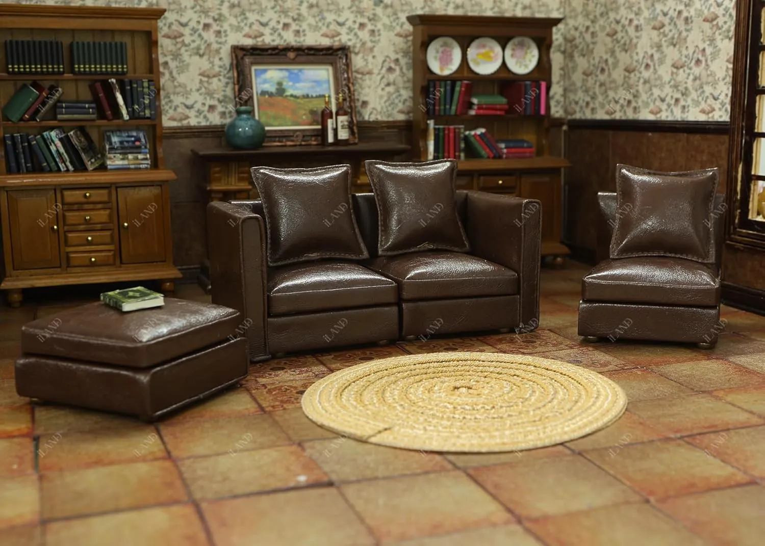 iLAND Dollhouse Furniture Miniature Sectional Couch Set for Doll House Décor Fit 1/12 Scale Accessories, Modern Brown Faux Leather Sofa Timeless & Classic