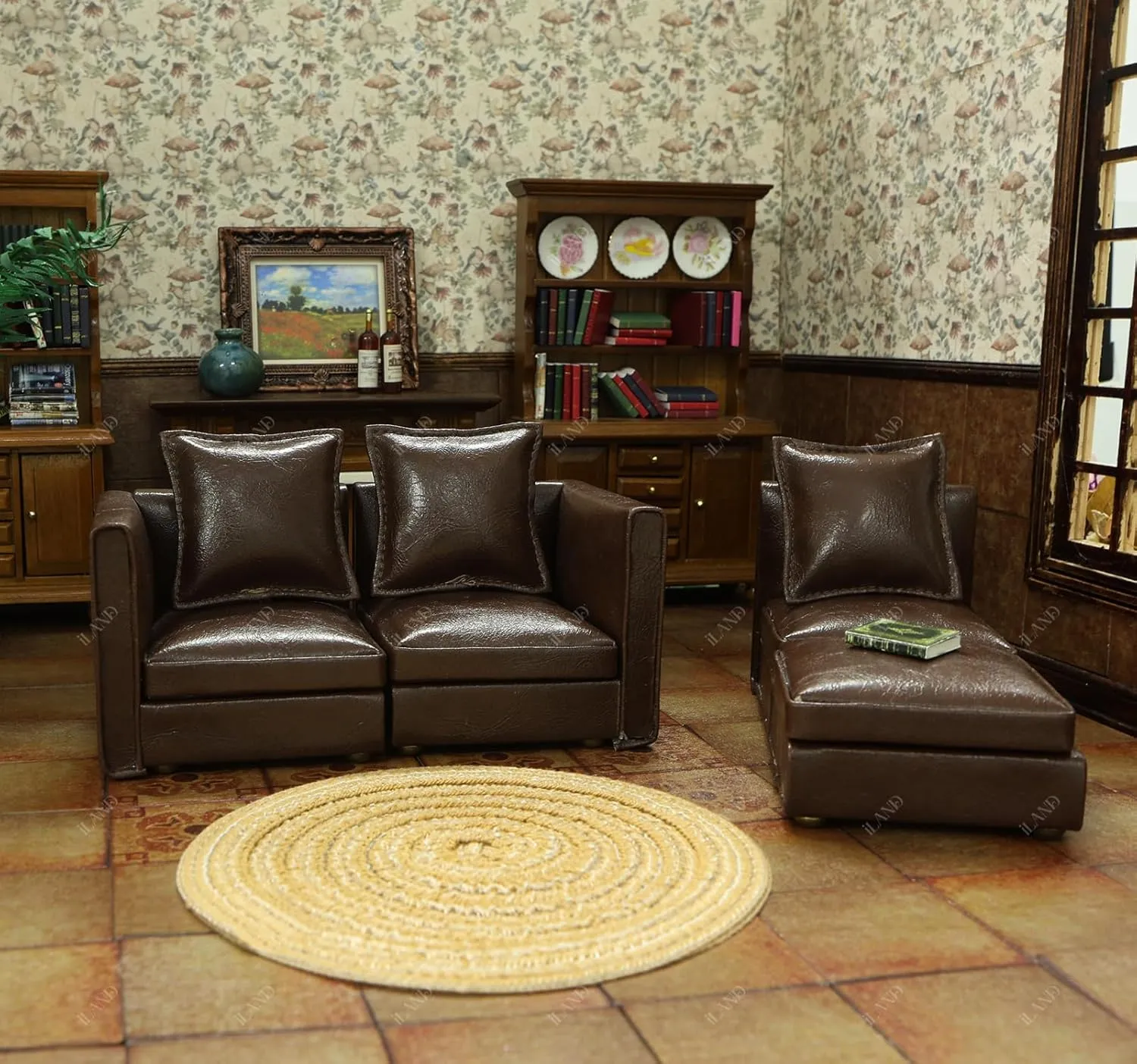 iLAND Dollhouse Furniture Miniature Sectional Couch Set for Doll House Décor Fit 1/12 Scale Accessories, Modern Brown Faux Leather Sofa Timeless & Classic