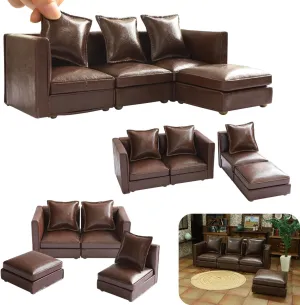 iLAND Dollhouse Furniture Miniature Sectional Couch Set for Doll House Décor Fit 1/12 Scale Accessories, Modern Brown Faux Leather Sofa Timeless & Classic