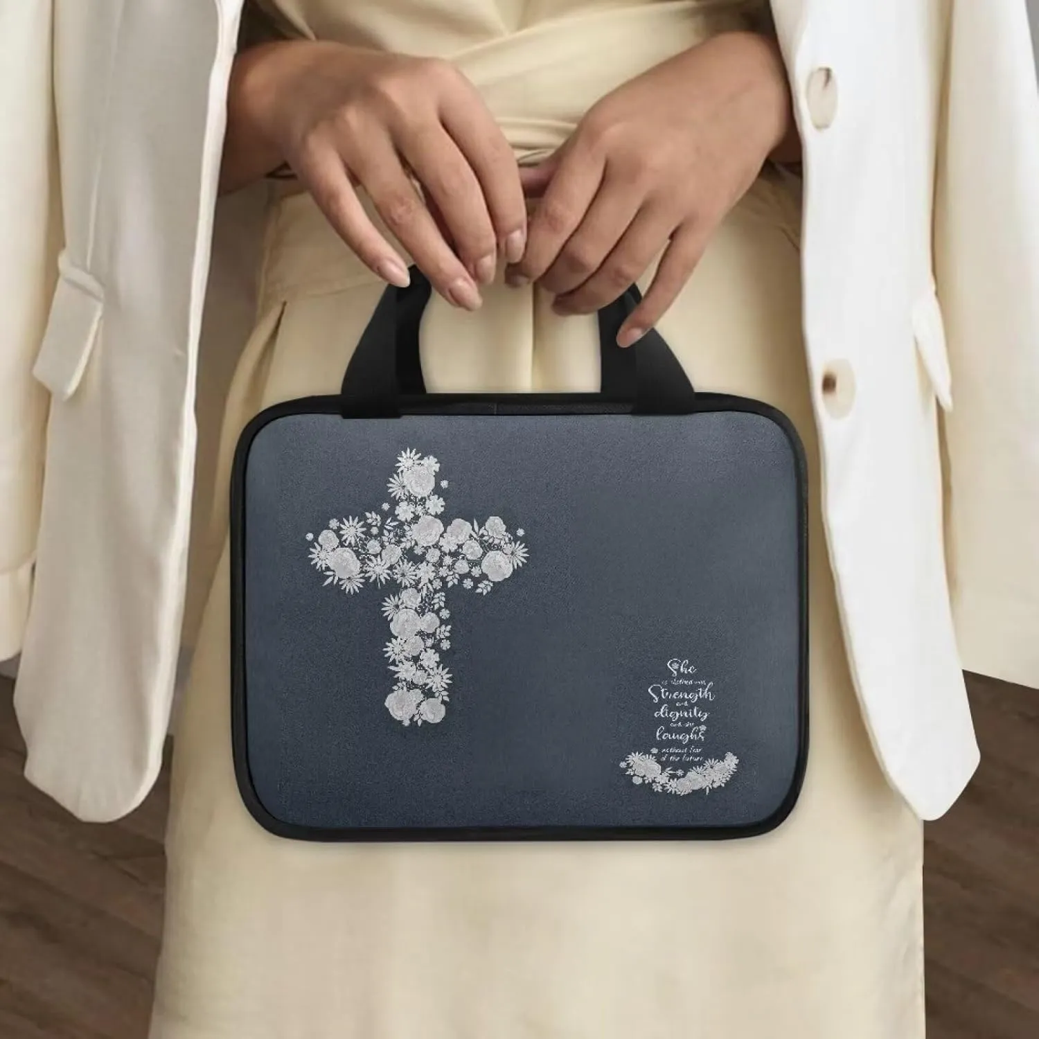 Imitation Leather Print Bible Case Bible Cover for Women Canvas Bible Carrying Case Built-in Pocket Handle Church Bag